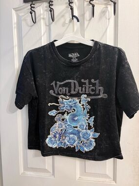 Von Dutch Black Tee with Blue Dragon & Rose Graphic